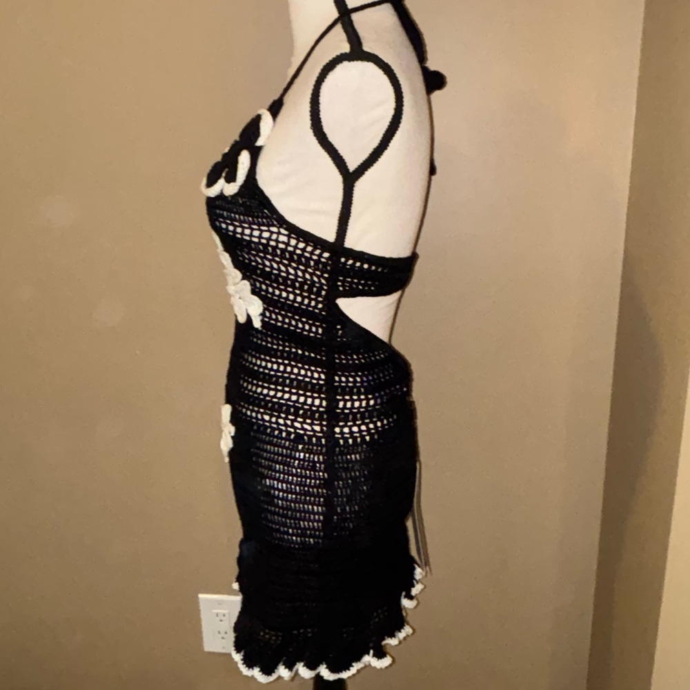 PatBI Black Crochet Halter Mini Dress with White Floral Appliqués - Picture 7 of 12